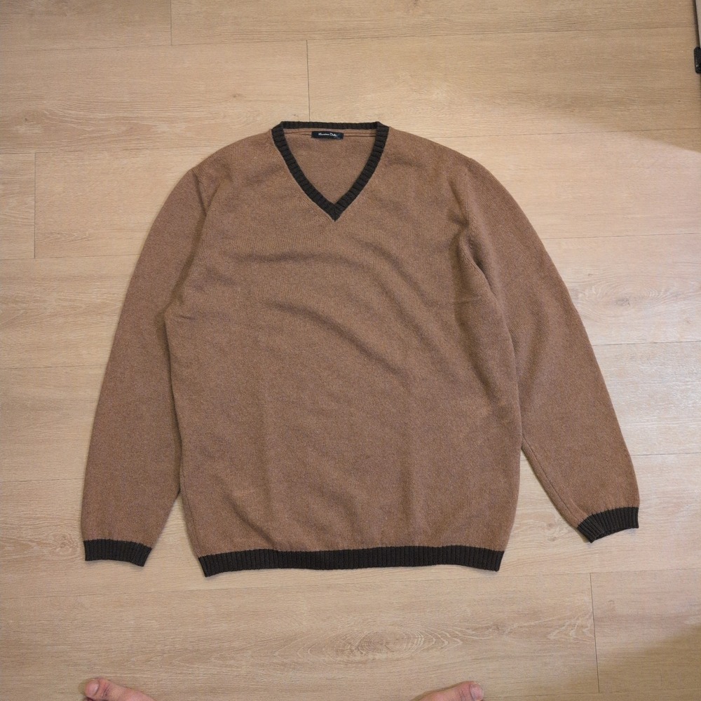 Massimo Dutti Mens XL V-Neck Wool Cotton Knit Sweater Brown Earthtone Soft